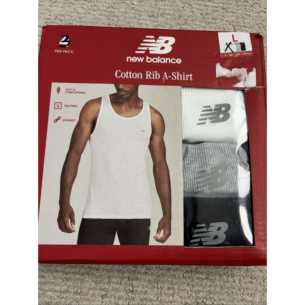 New Balance Men's 3-Pack Tanks Tops Cotton Blend Rib White/Grey/Black Sz Large